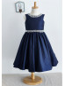 Beaded Navy Blue Taffeta Knee Length Flower Girl Dress